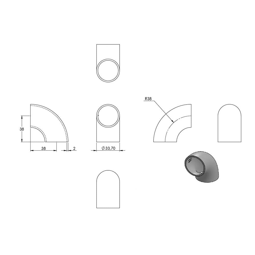 90° Bogen zum Anschweißen, für Rohr ø 33,7mm, Wandstärke 2,0mm, geschliffen