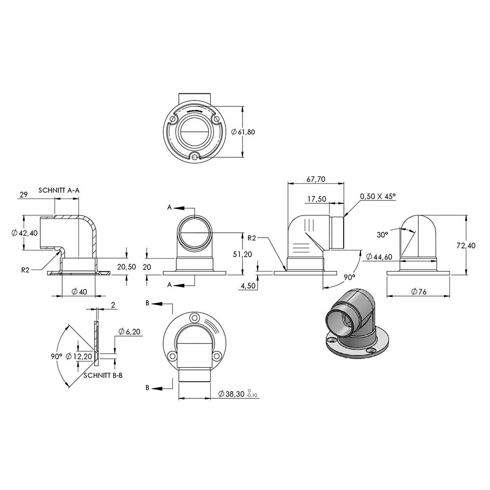 Wandhalterung kurz mit 90° Eckverbindung, für Rohr 42,4 x 2,0 mm, in V2A Edelstahl