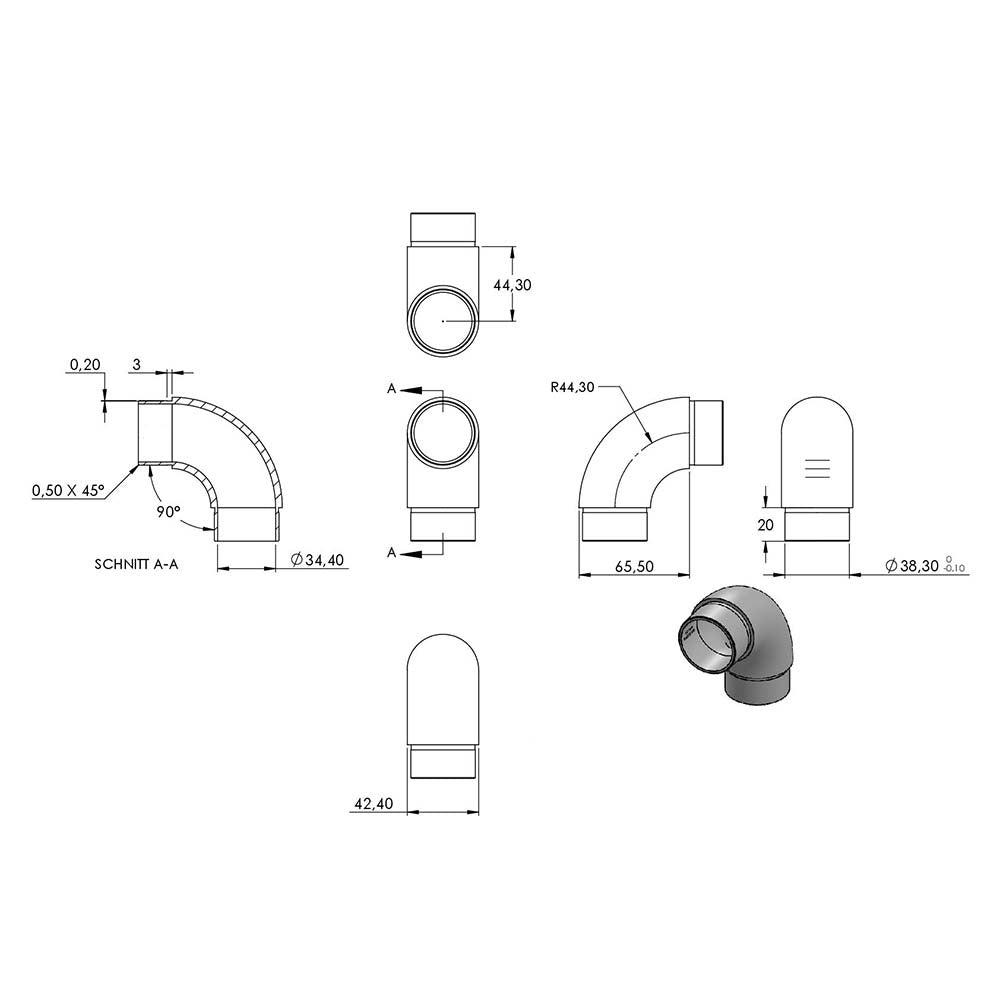 Rohrbogen 90° rund, für Rohr 42,4 x 2,0mm, in V4A