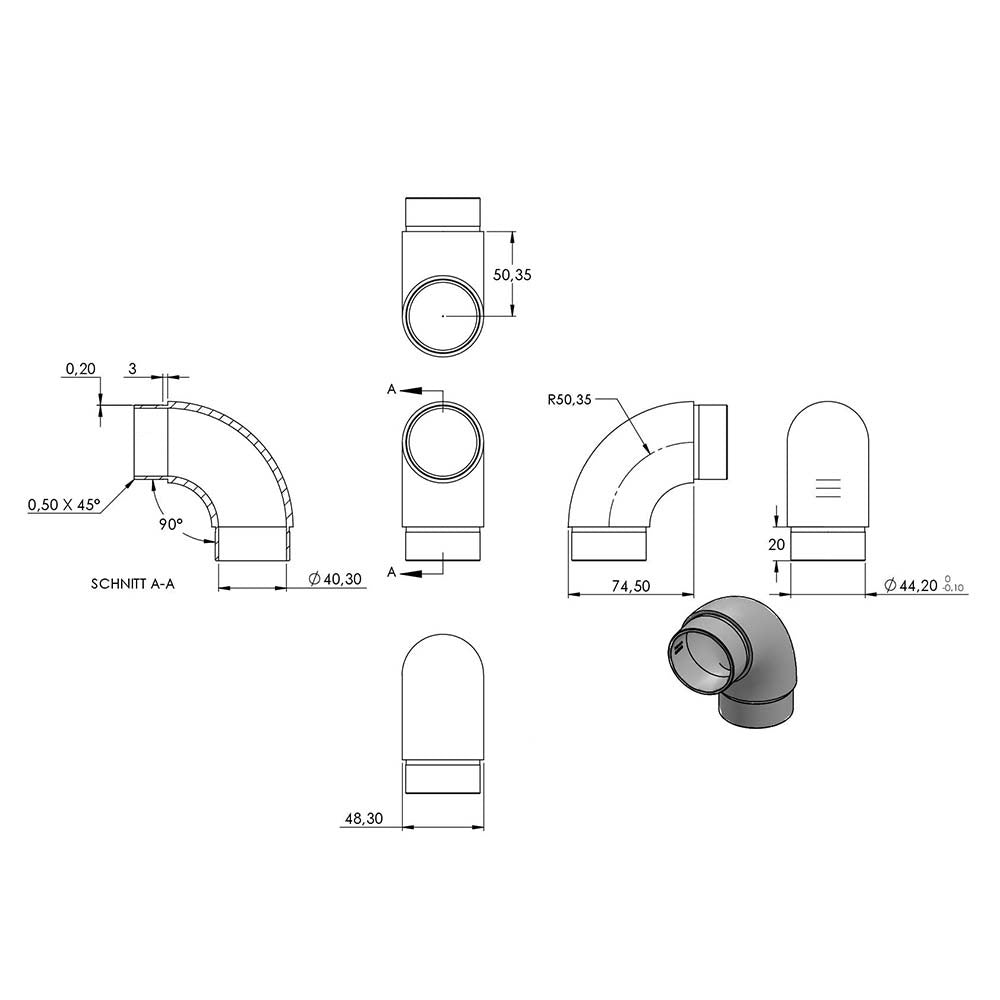 Rohrbogen 90° rund, für Rohr 48,3 x 2,0mm
