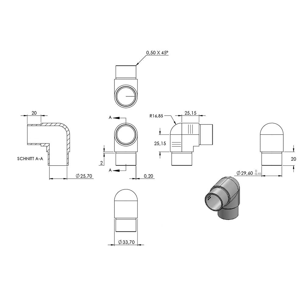 Rohrbogen 90° eng, für Rohr 33,7 x 2,0mm