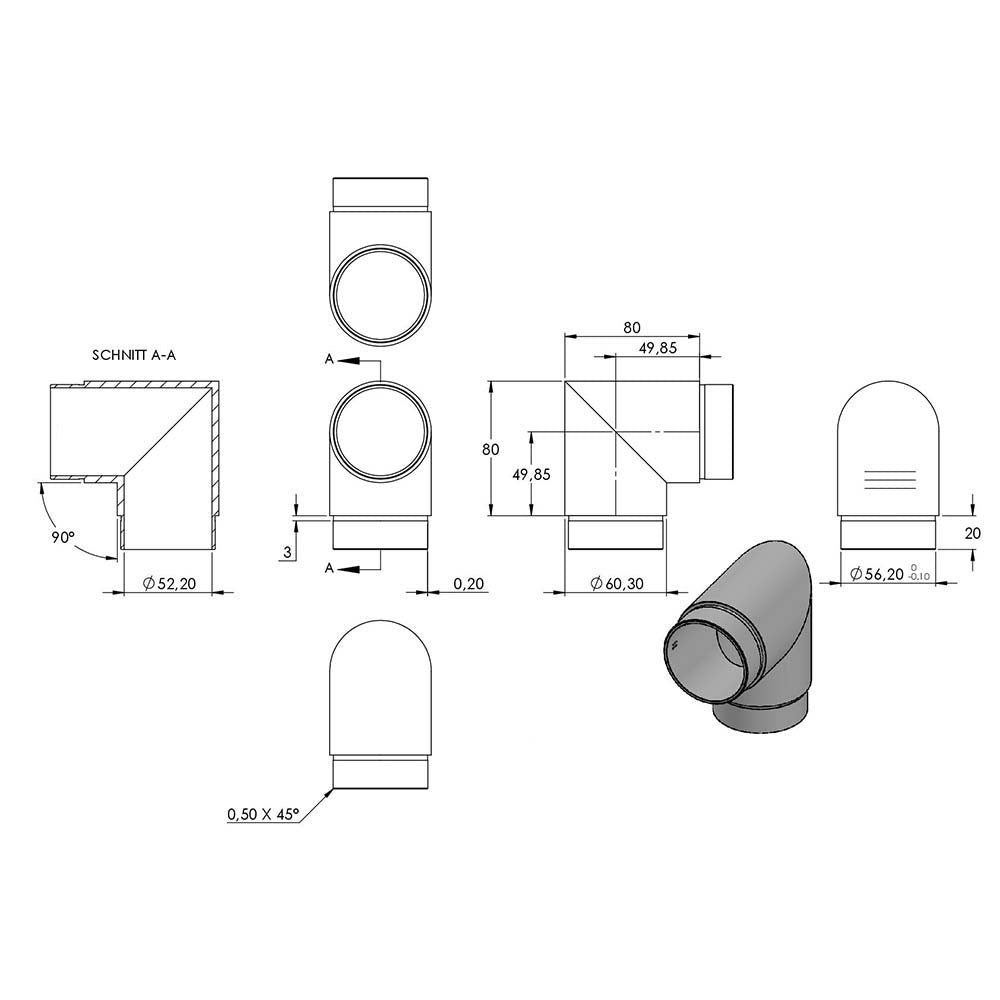 Rohrbogen 90° scharf, für Rohr 60,3 x 2,0mm