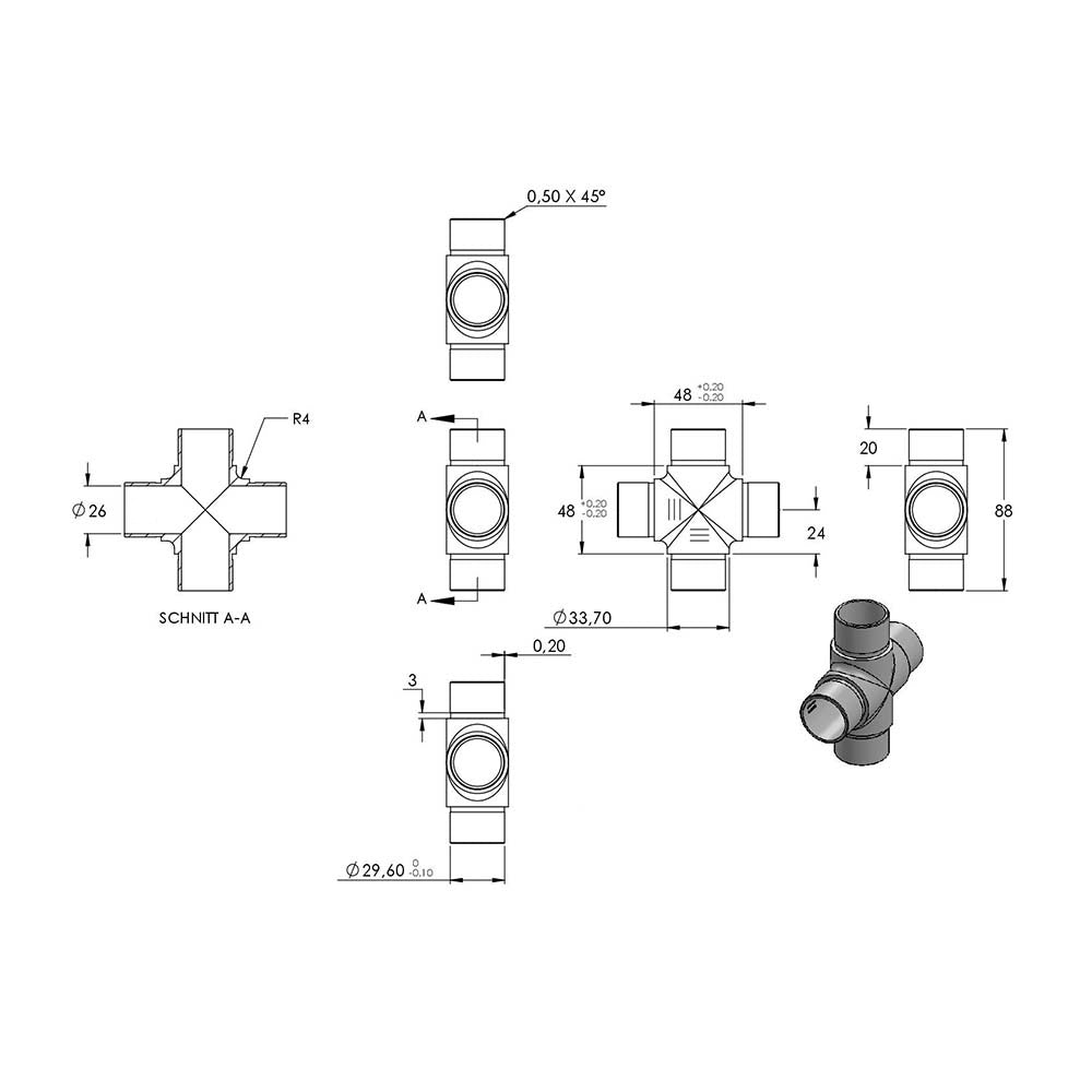 Kreuzstück mit gleichen Abgängen, für Rohr 33,7 x 2,0mm