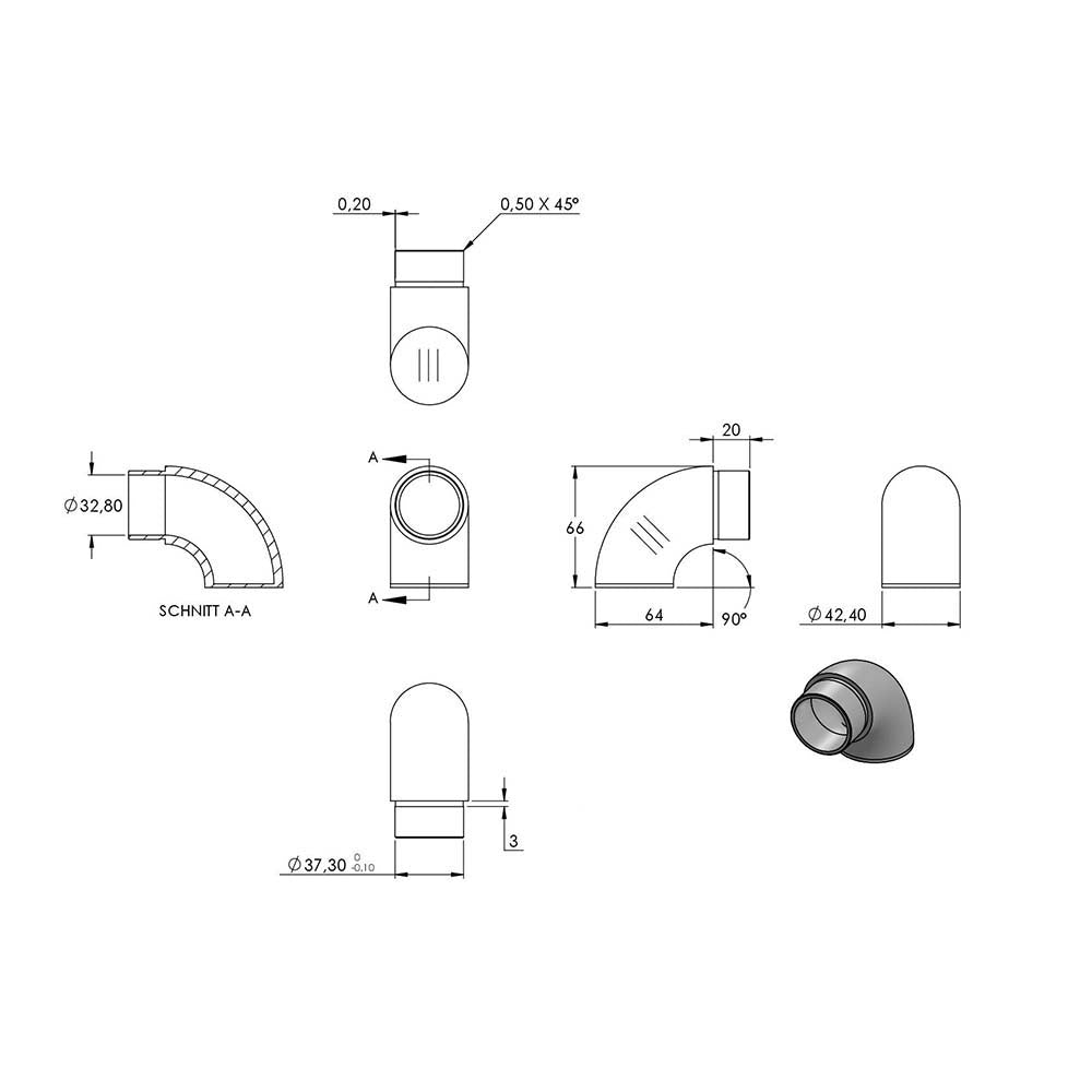Endbogen 90°, flacher Abschluss, zum Stecken und Kleben, für Rohr 42,4 x 2,6mm