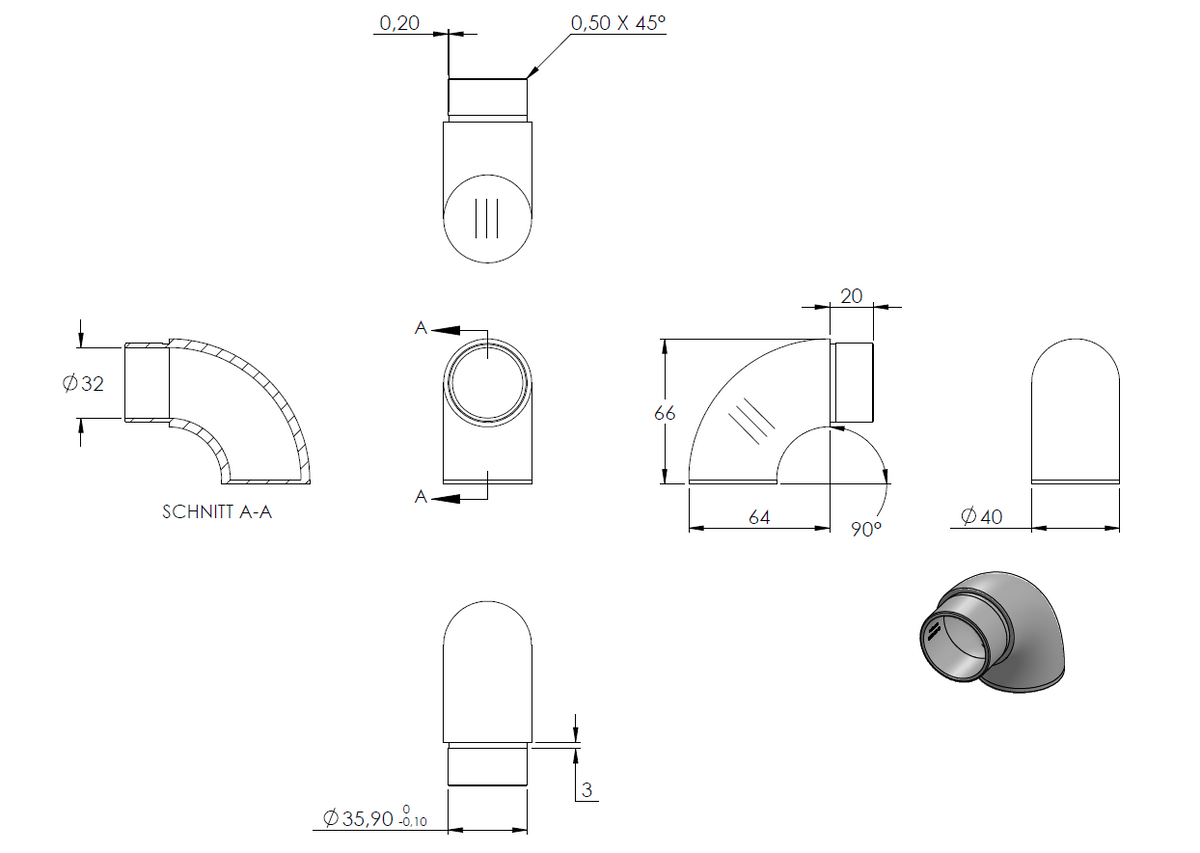 Endbogen 90°, flacher Abschluss, zum Stecken und Kleben, für Rohr 40,0 x 2,0mm