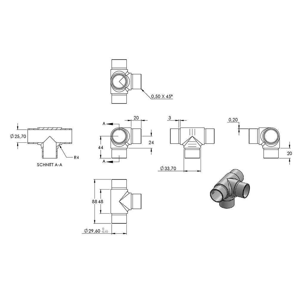 T-Stück mit seitlichem Abgang, zum Stecken, für Rohr 33,7 x 2,0mm