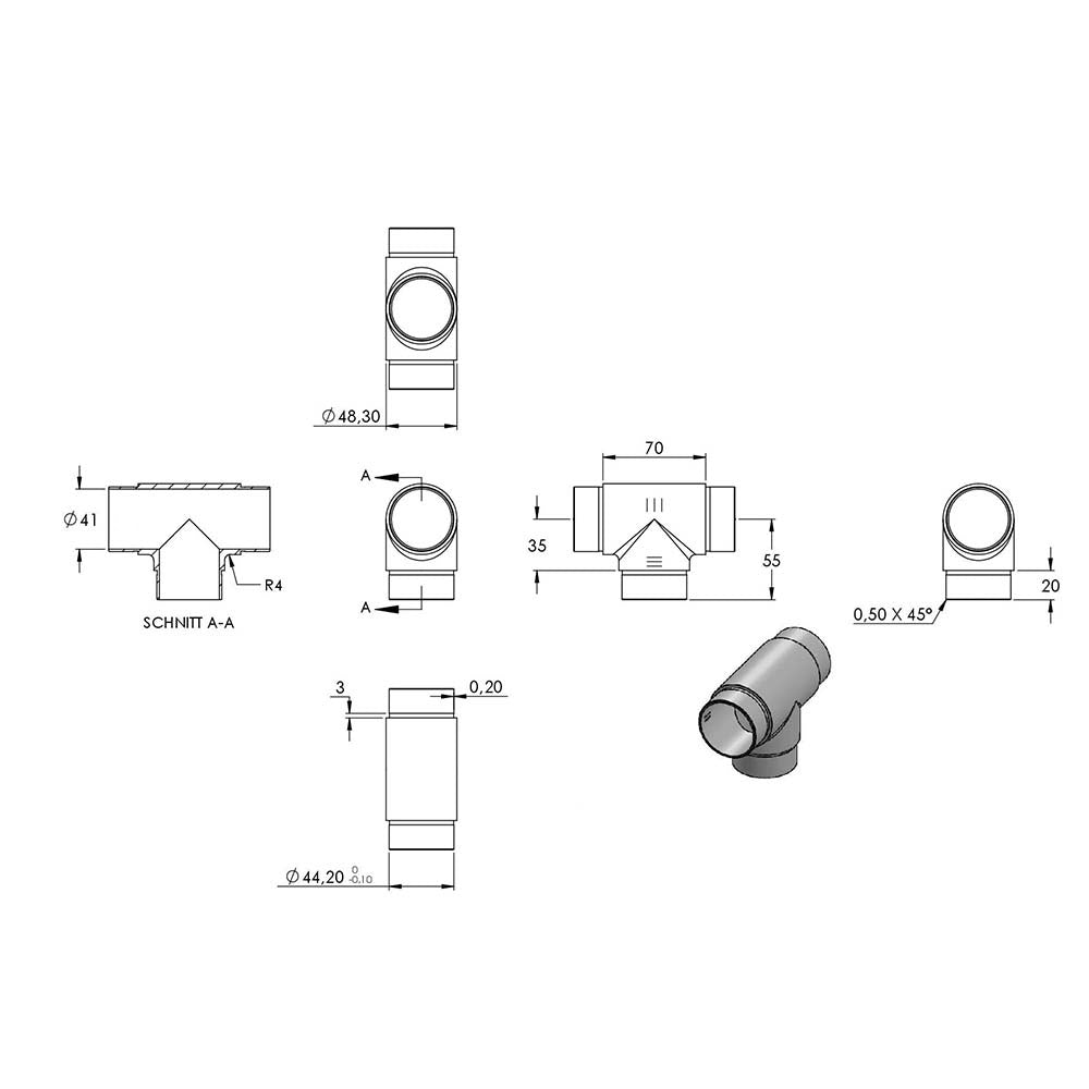 T-Stück mit 3 gleichen Abgängen, für Rohr 48,3 x 2,0mm