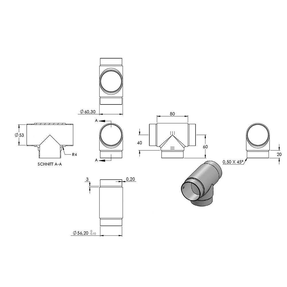 T-Stück mit 3 gleichen Abgängen, für Rohr 60,3 x 2,0mm