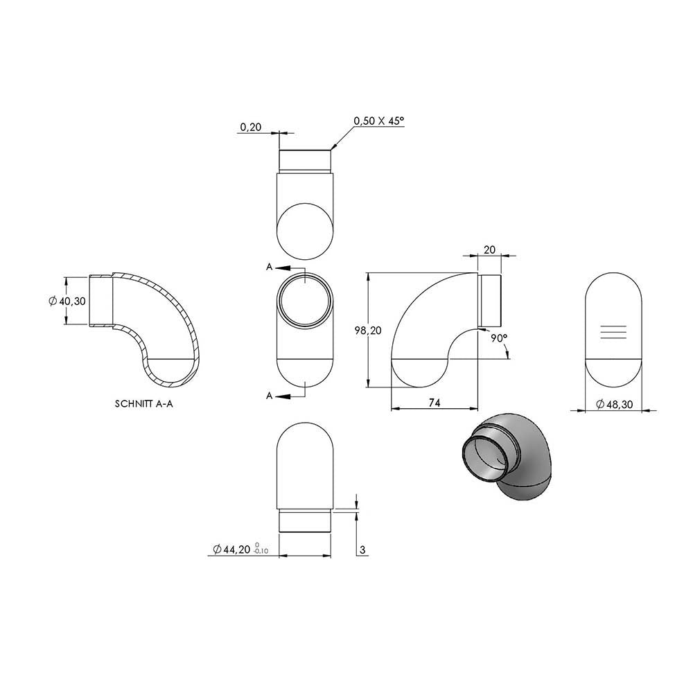 Endbogen 90°, runder Abschluss, zum Stecken und Kleben, für Rohr 48,3 x 2,0mm