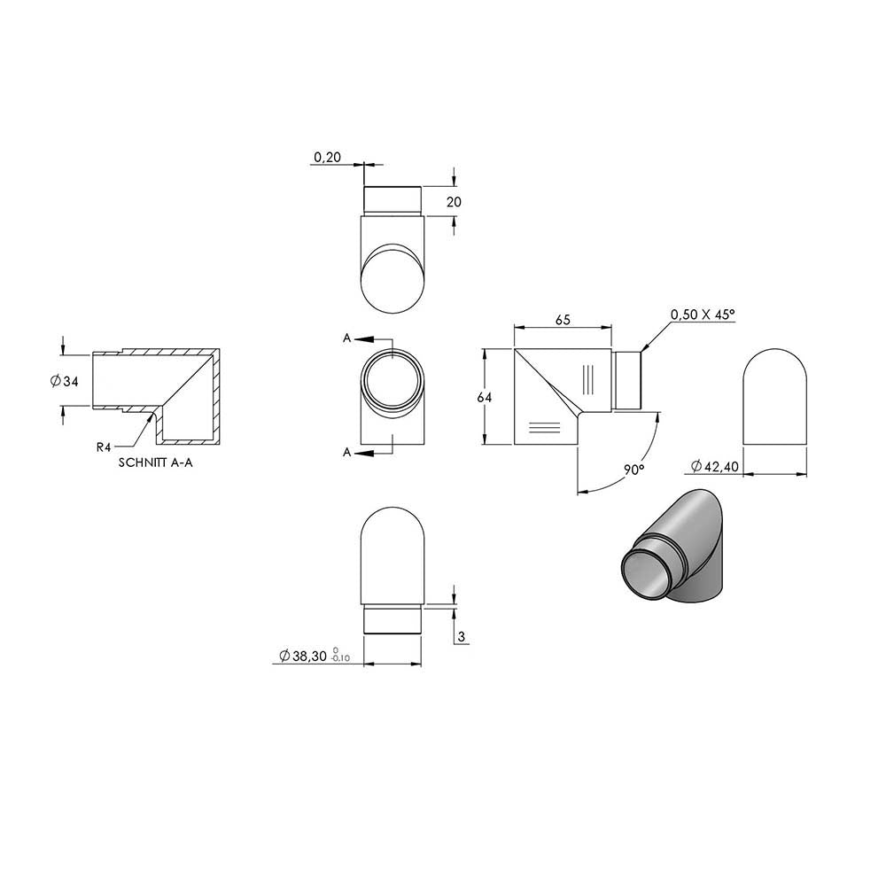 Endbogen 90° scharf, flacher Abschluss, zum Stecken und Kleben, für Rohr 42,4 x 2,0mm