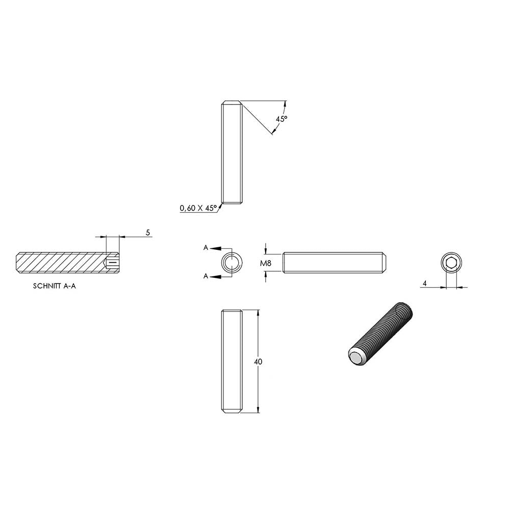 Gewindestift, M8 x 40mm, mit Innensechskant, aus V2A Edelstahl