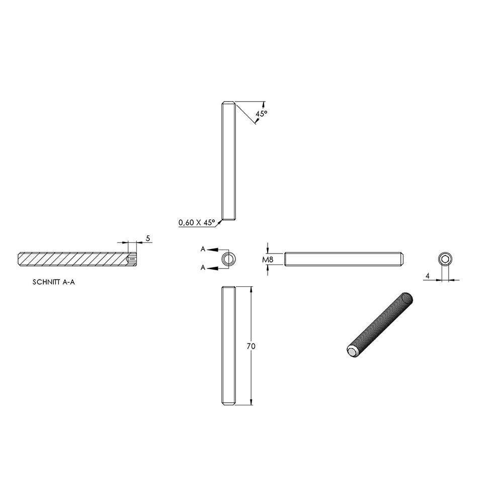 Gewindestift, M8 x 70mm, mit Innensechskant, aus V2A Edelstahl