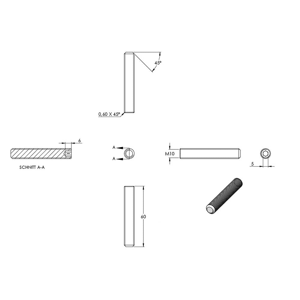 Gewindestift, M10 x 60mm, mit Innensechskant, aus V2A Edelstahl