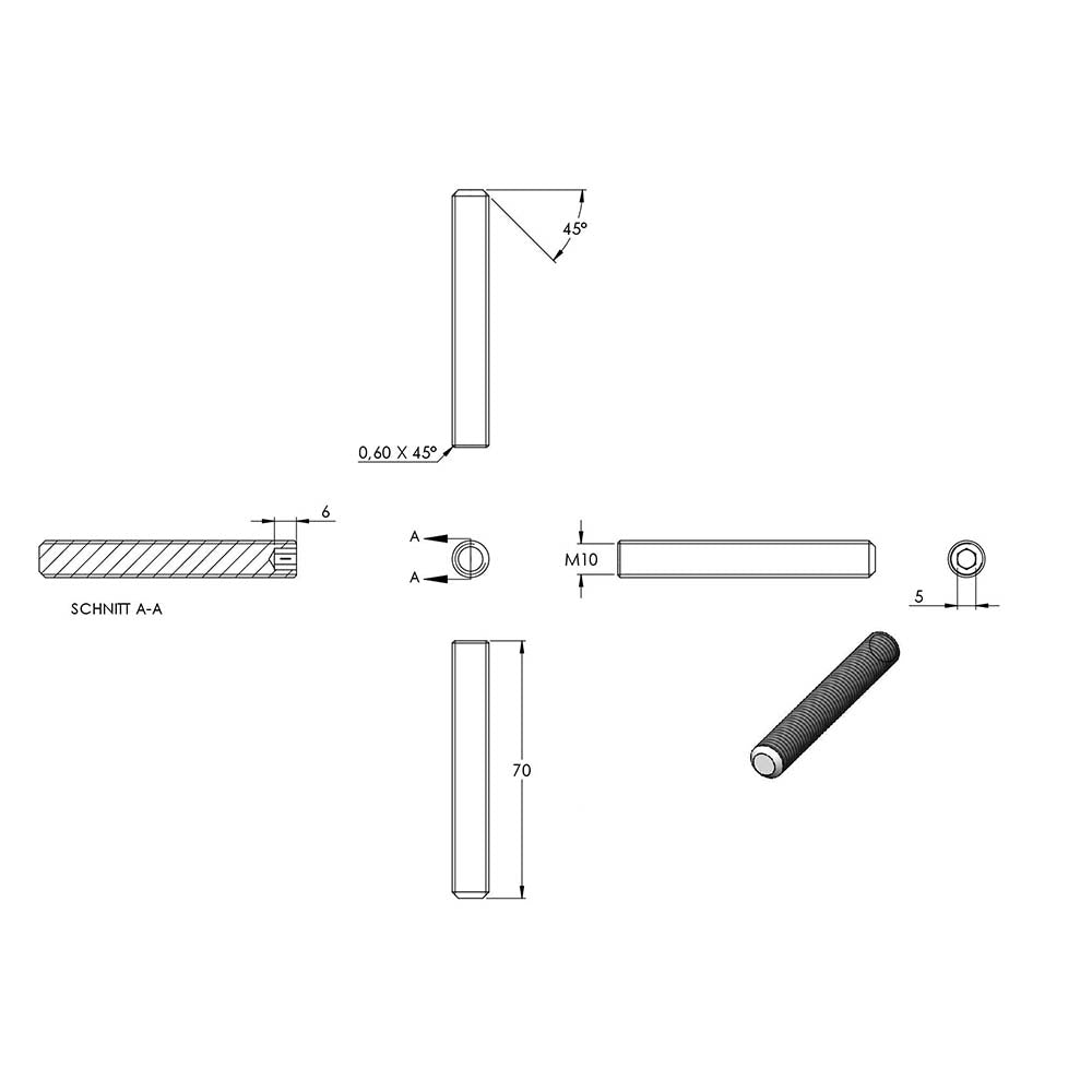 Gewindestift, M10 x 70mm, mit Innensechskant, aus V2A Edelstahl