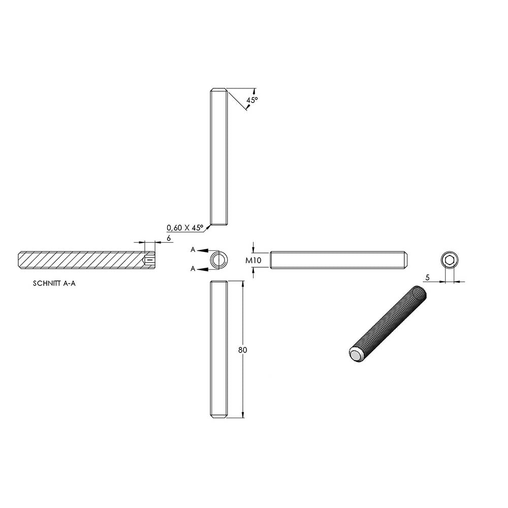 Gewindestift, M10 x 80mm, mit Innensechskant, aus V2A Edelstahl