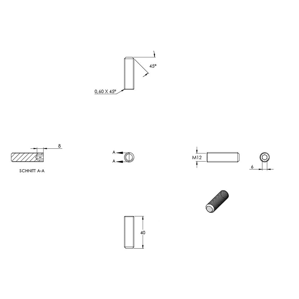Gewindestift mit Kegelkuppe (flacher Kopf), mit Innensechskant, M12 x 40mm, DIN 913 / ISO 4016, 10er Pack
