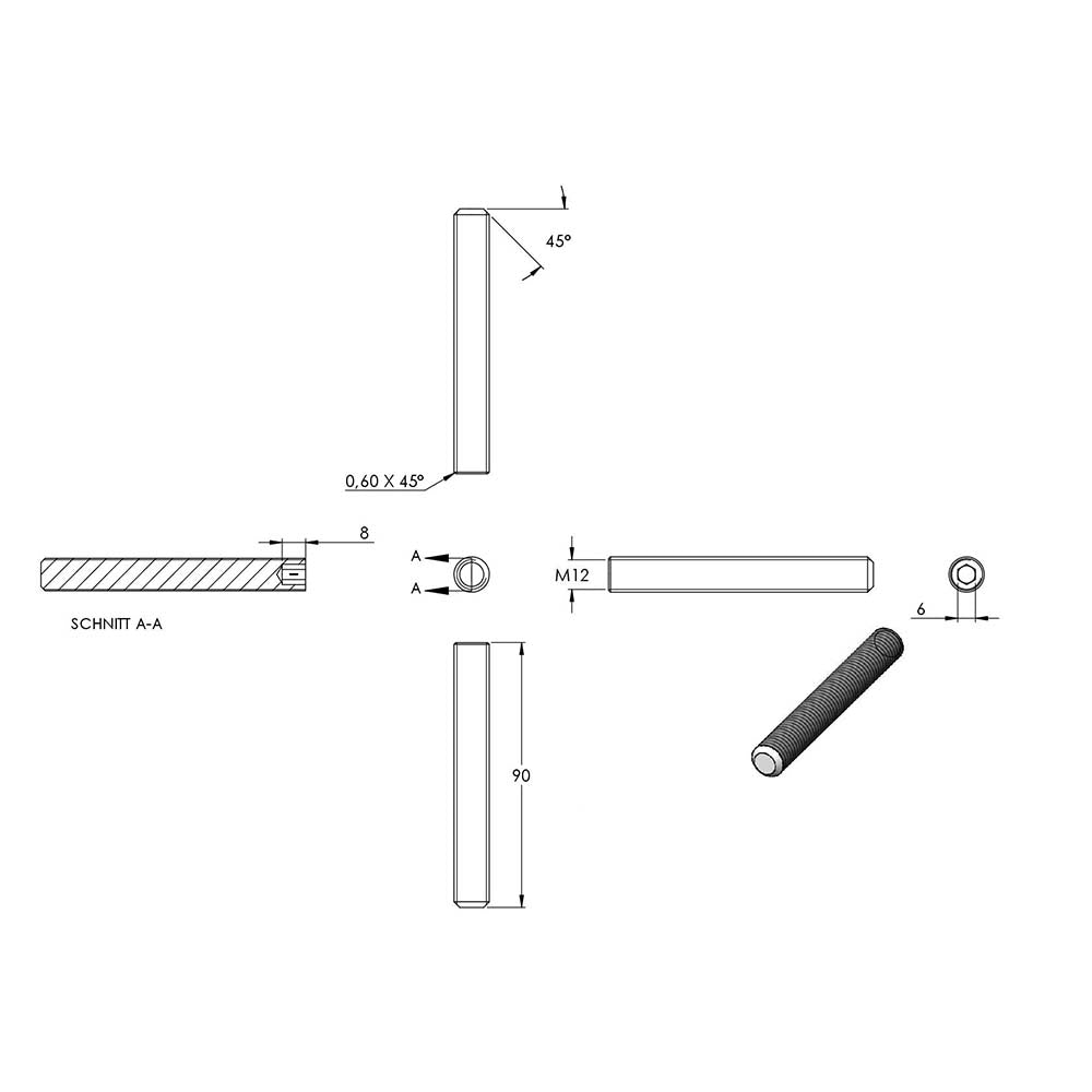 Gewindestift, M12 x 90mm, mit Innensechskant, aus V2A Edelstahl