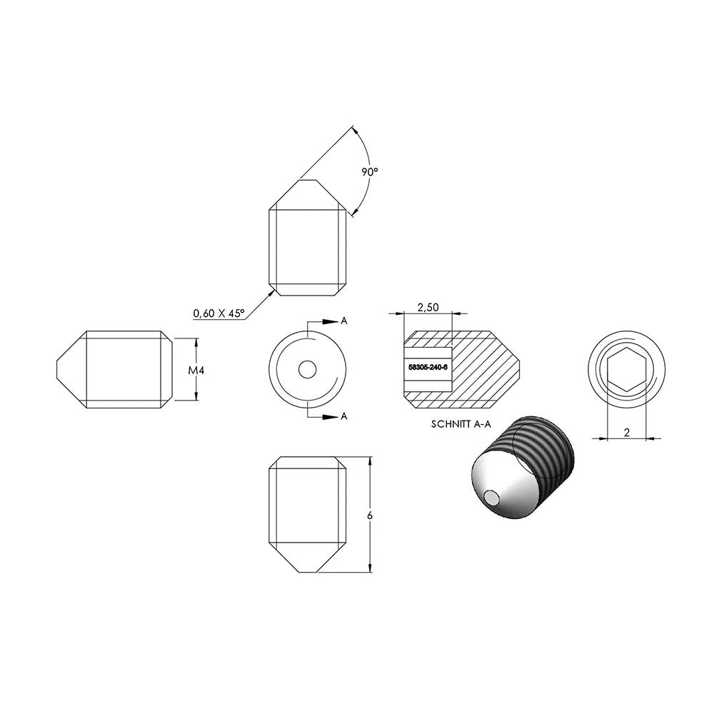 Gewindestift mit Spitze, mit Innensechskant, M4 x 6mm, DIN 914 / ISO 4027, 10er Pack
