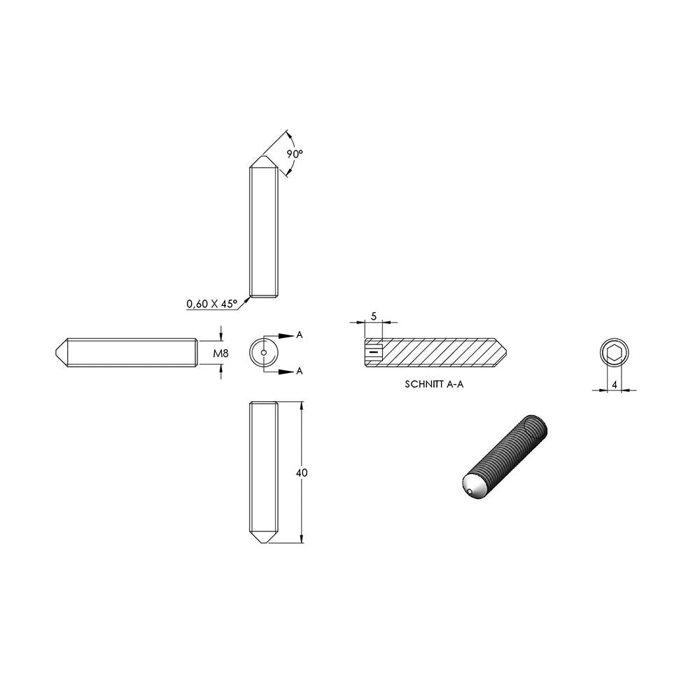 Gewindestift mit Spitze, mit Innensechskant, M8 x 40mm, DIN 914 / ISO 4027, 10er Pack