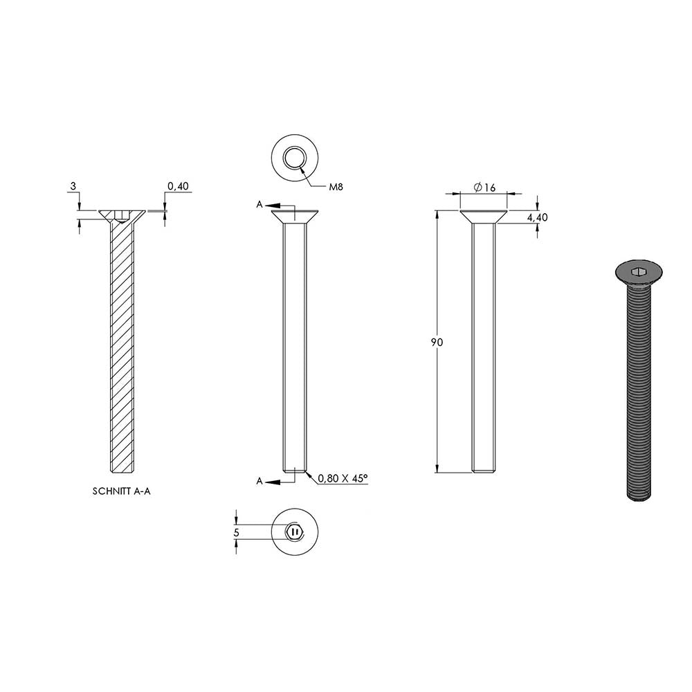 Senkkopfschraube mit Innensechskant, M8 x 90mm, ISO 10642, 10er Pack