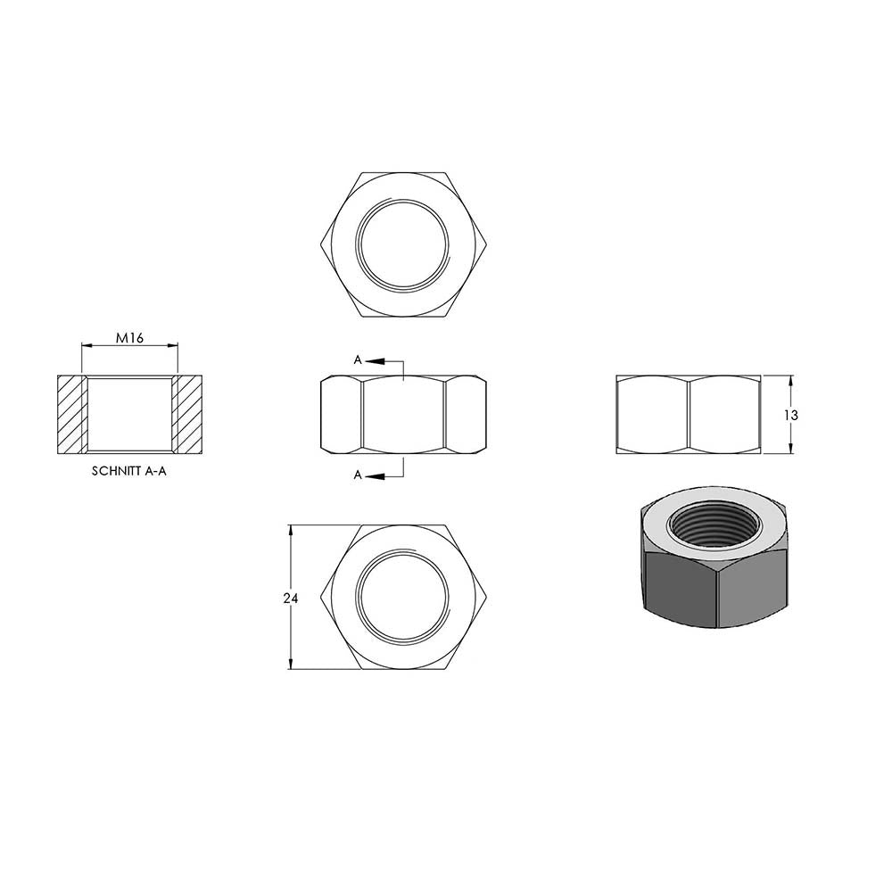 Sechskantmutter, M16, DIN 934, 10er Pack