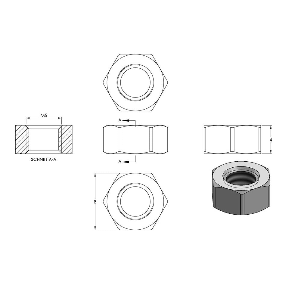 Sechskantmutter mit Linksgewinde, M5, DIN 934, 10er Pack