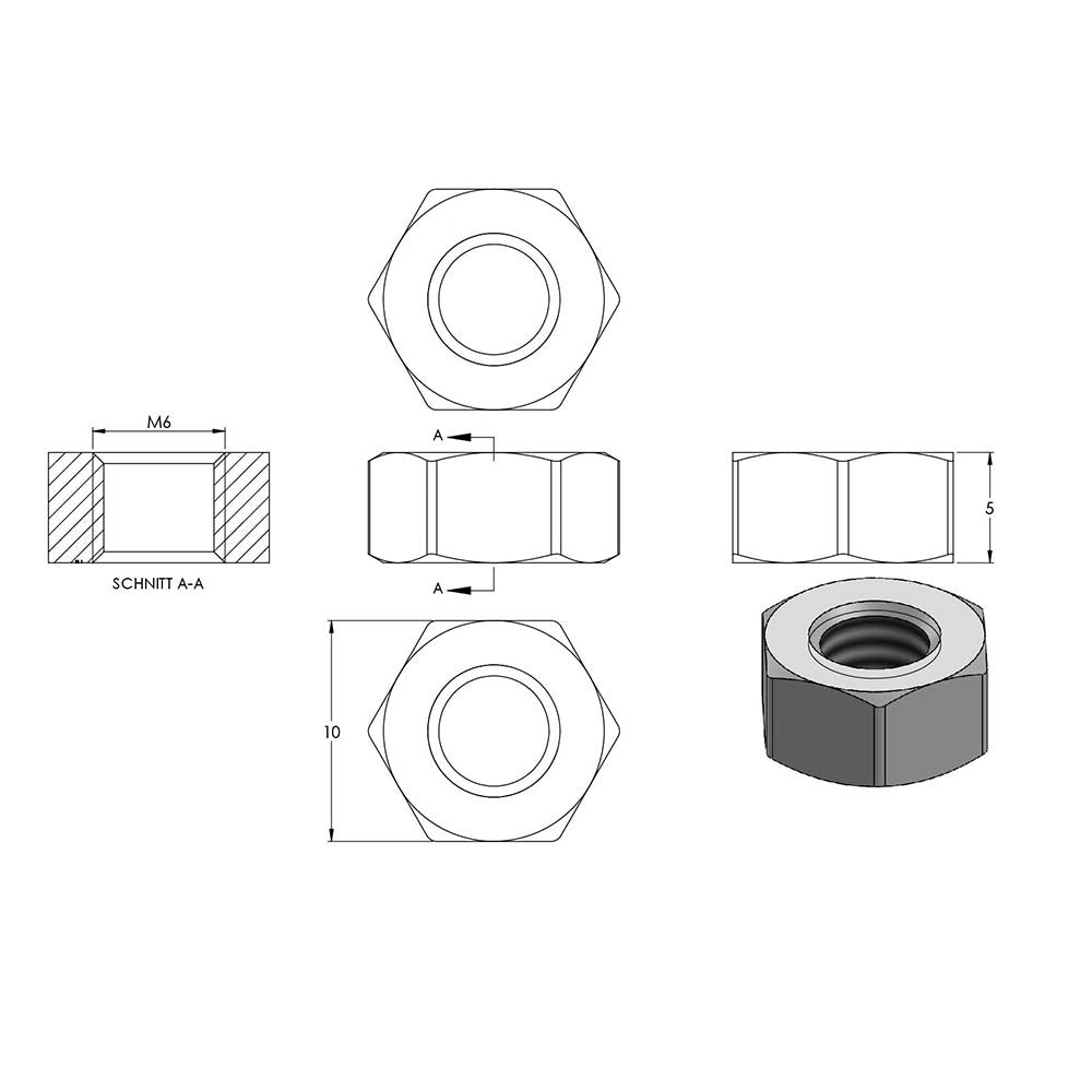 Sechskantmutter, M6, DIN 934, 10er Pack