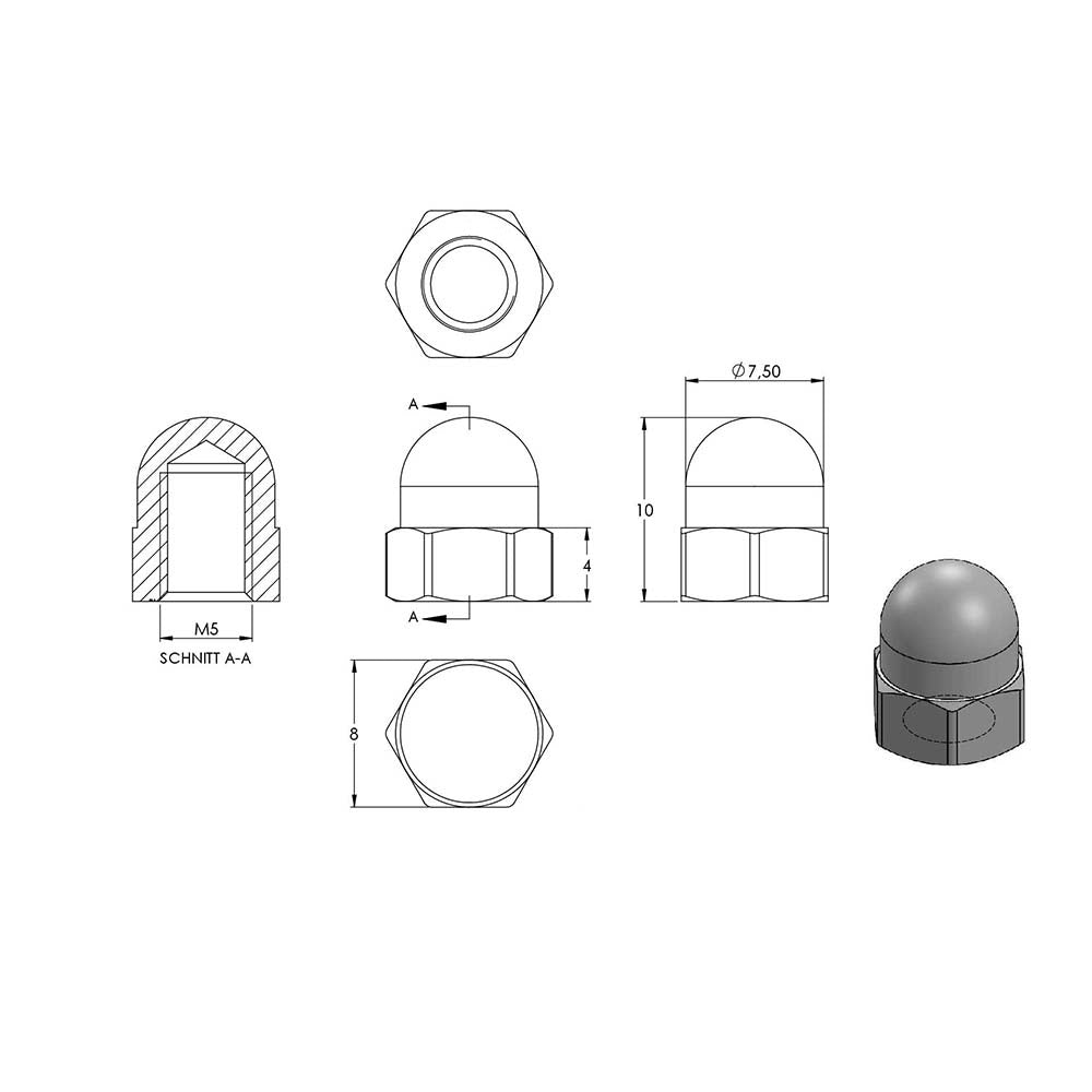 Sechskant-Hutmutter, M5, DIN 1587, 10er Pack