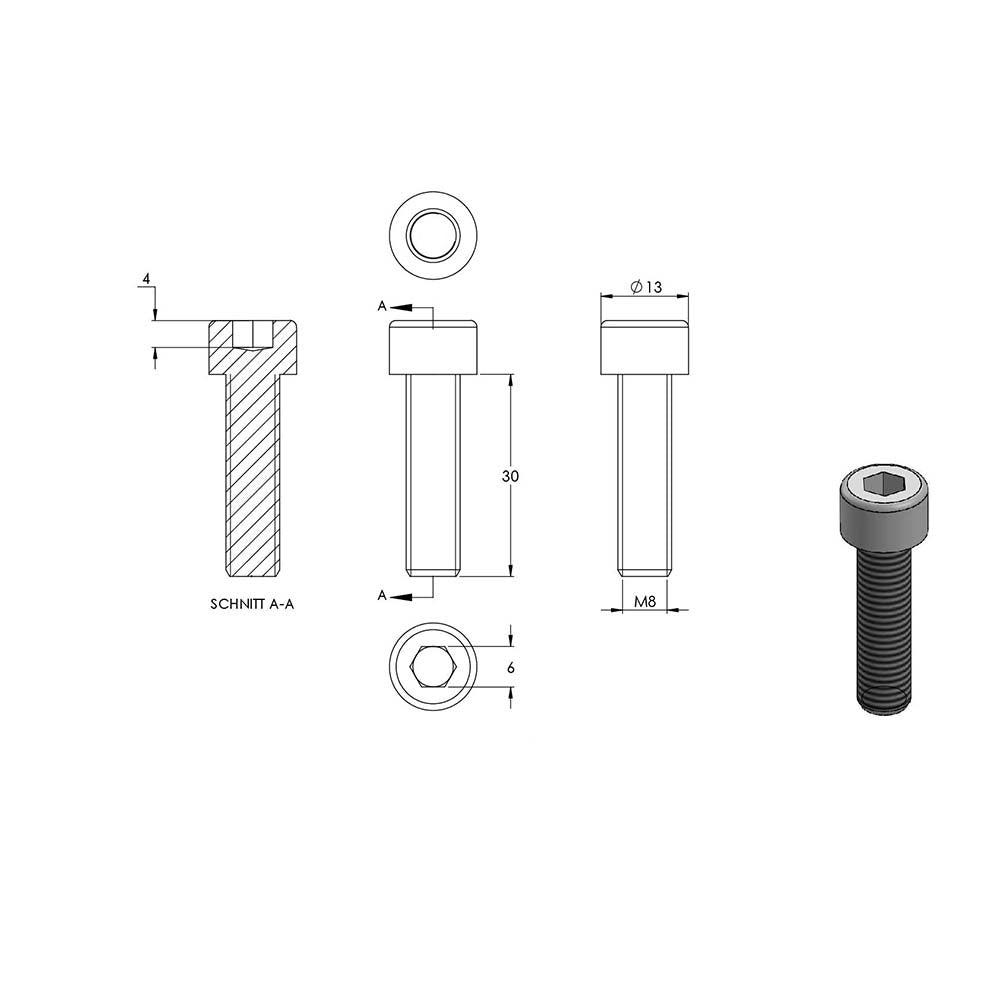 Zylinderkopfschraube mit Innensechskant, M8 x 30mm, DIN 912, 10er Pack