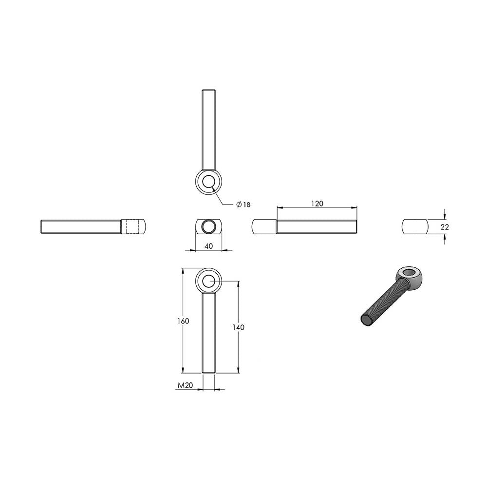 Augenschraube mit Gewinde bis Auge, M20 x 140mm, Durchmesser Auge ø 18mm, DIN 444