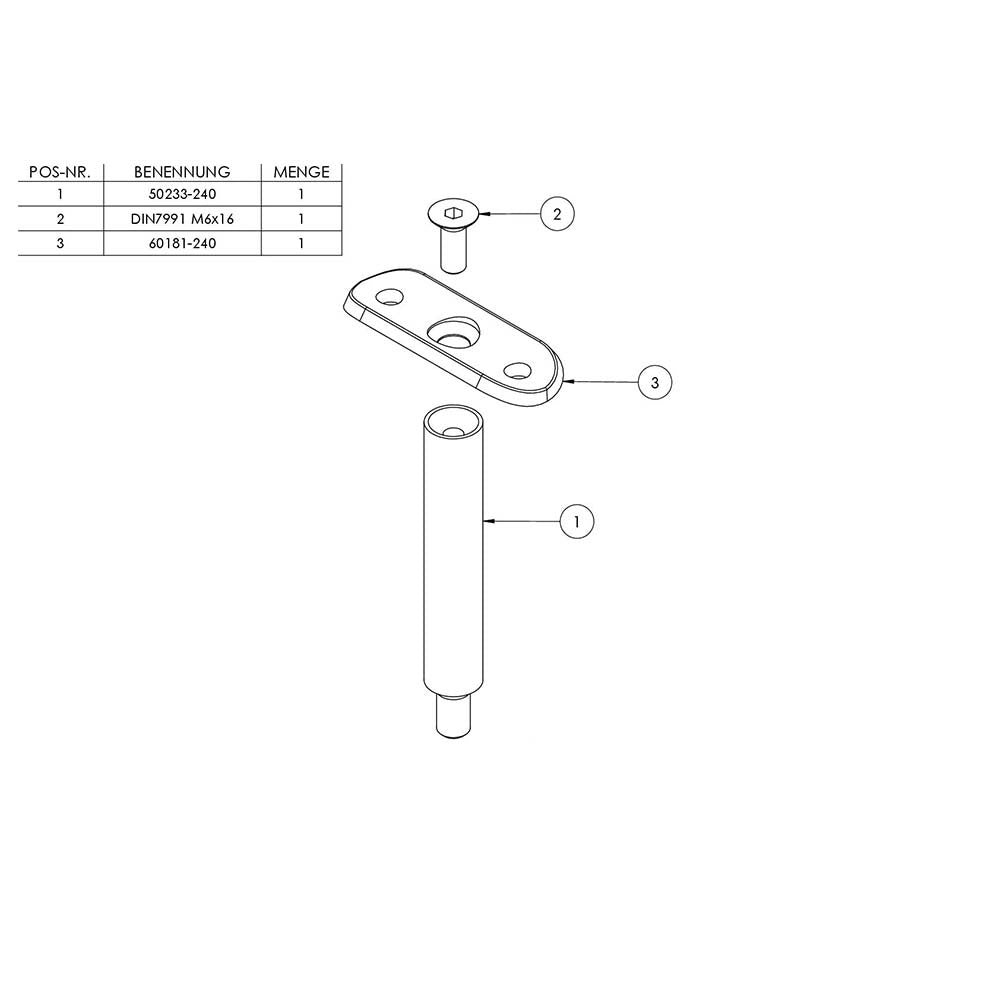 Stift ø 14mm mit M8 Gewinde und Halteplatte für ø 33,7mm Rohr, Höhe 78mm