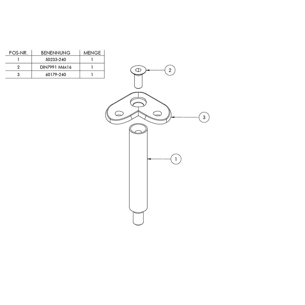 Stift ø 14mm mit M8 Gewinde und 90° Halteplatte für ø 42,4mm Rohr, Höhe 78mm