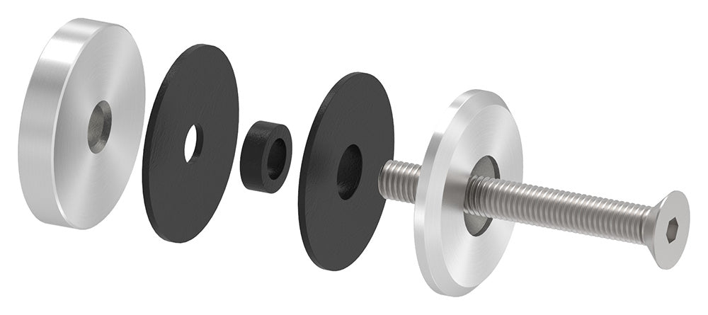 Glas-Punkthalter ø 52mm für Glasstärken 6,00-21,52mm, flacher Anschluss, aus V4A Edelstahl, mit AbP