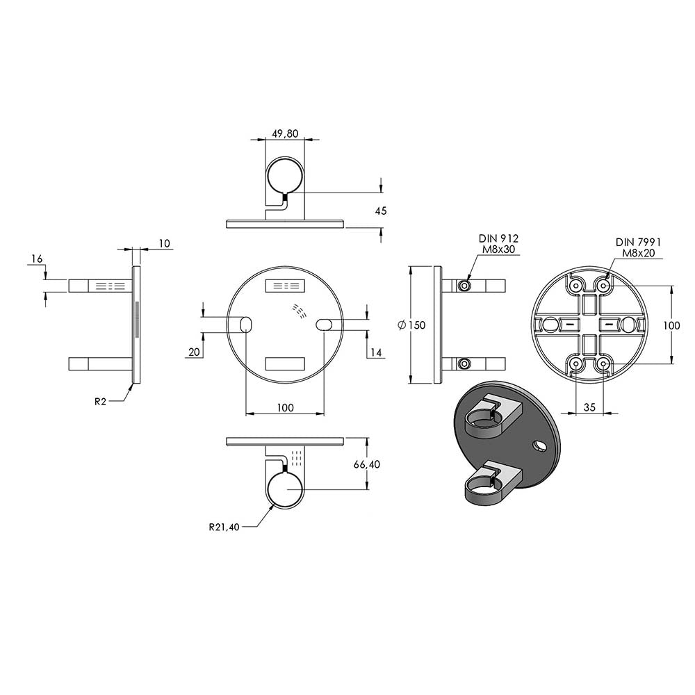 Wandanker zum Spannen, mit Platte 150 x 10mm, für 42,4mm Rohr