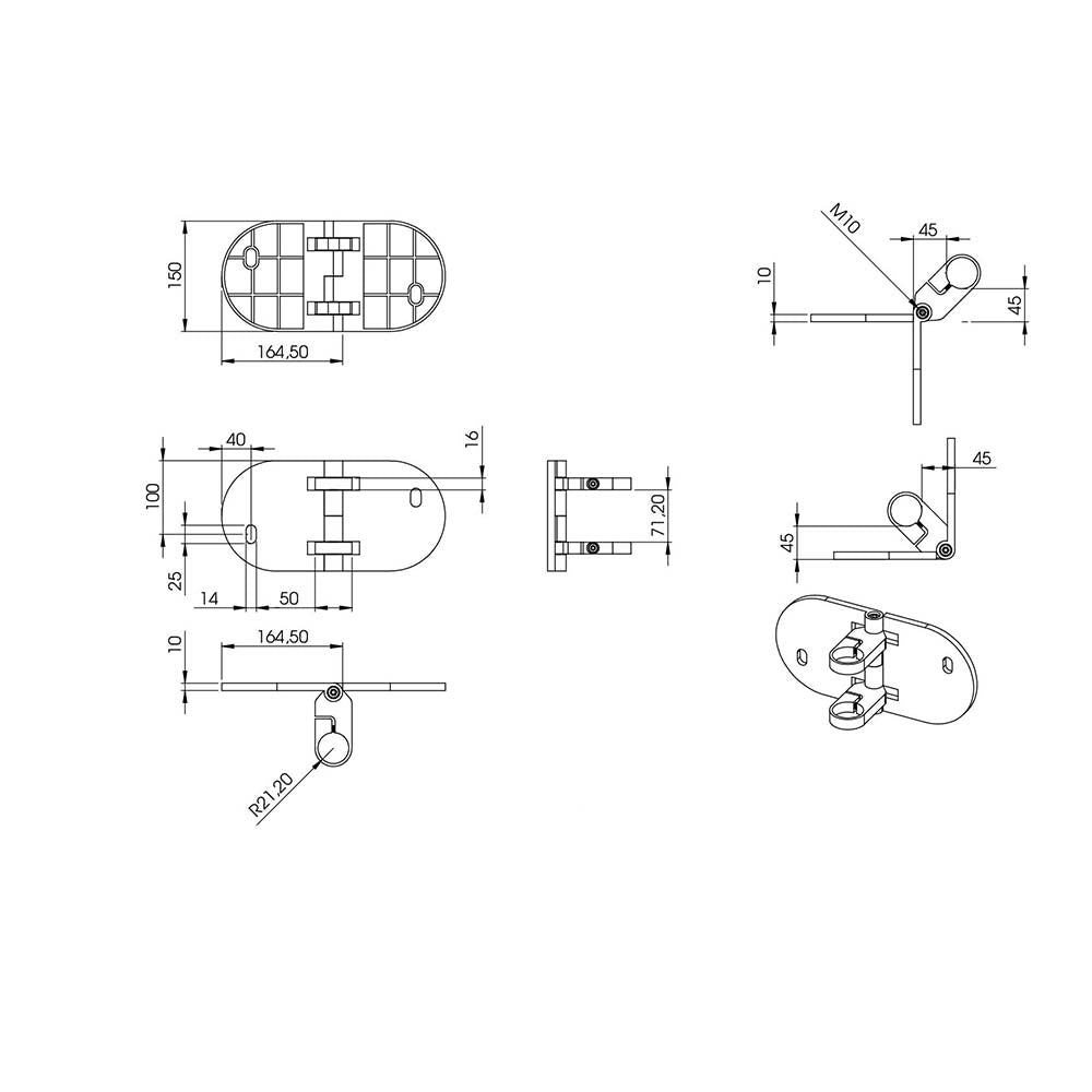 Flexibler Eck-Wandanker, mit Platte 304 x 150 x 10mm, für 42,4mm Rohr