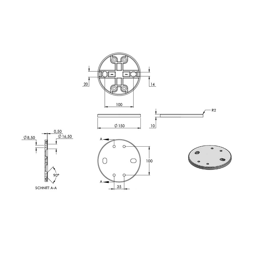 Wandanker zum Spannen, mit Platte 150 x 10mm, für 48,3mm Rohr