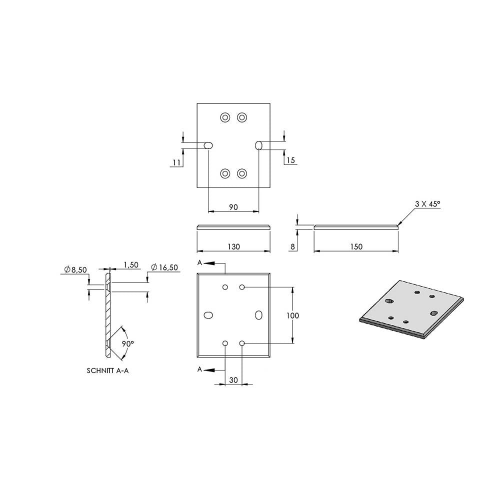 Wandanker zum Spannen, mit Platte 130 x 150 x 10mm, für 40 x 40mm Rohr
