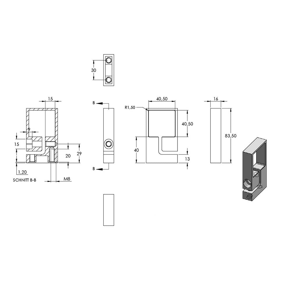 Wandanker zum Spannen, mit Platte 130 x 150 x 10mm, für 40 x 40mm Rohr