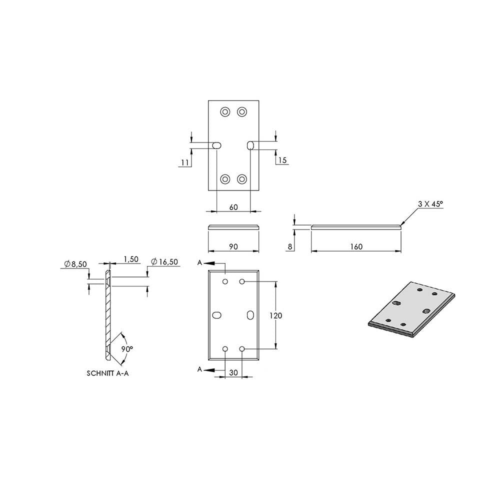 Wandanker zum Spannen, mit Platte 160 x 90 x 8,5mm, für 40 x 40mm Rohr