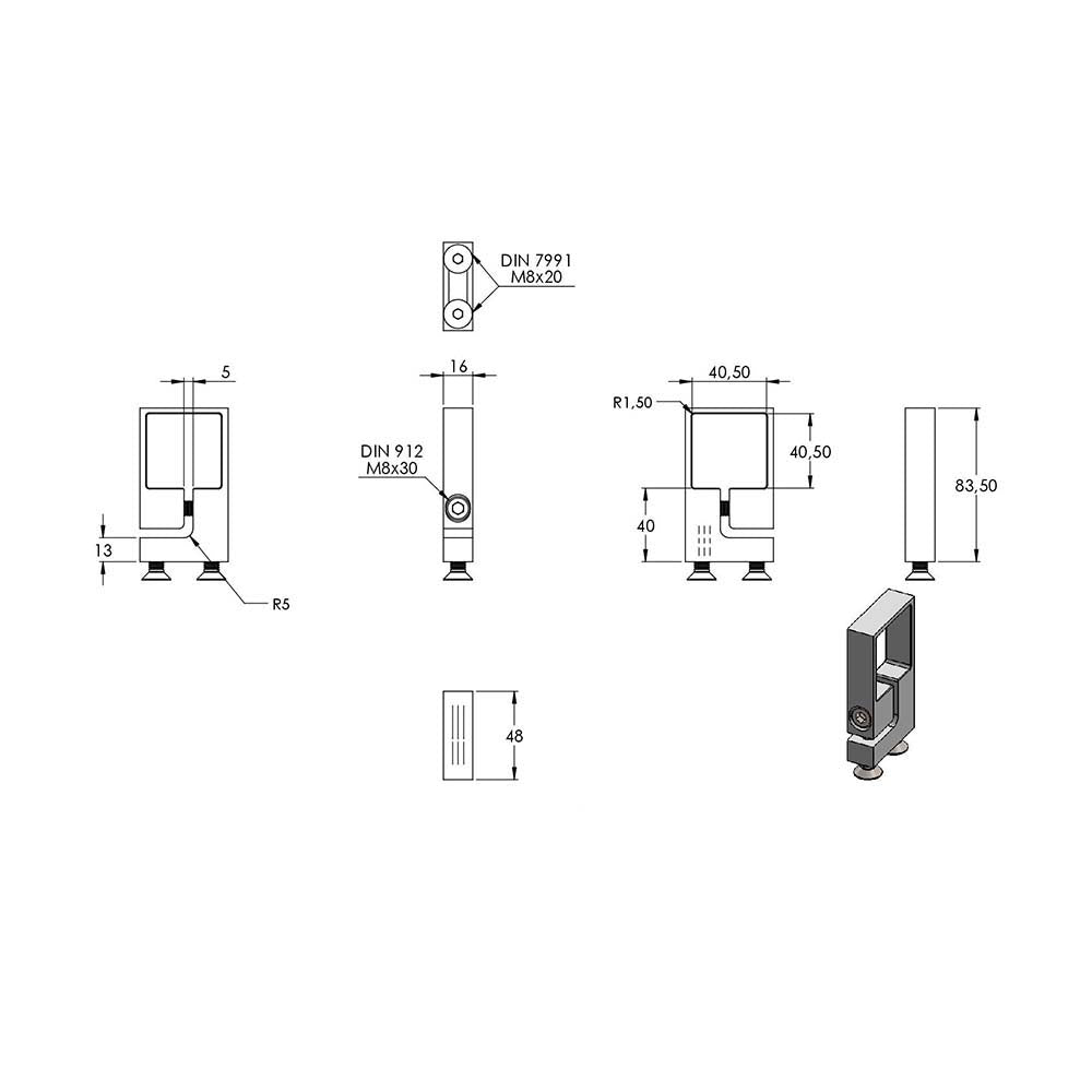 Edelstahl-Spannring, für Rohr 40 x 40mm, Wandabstand 40mm