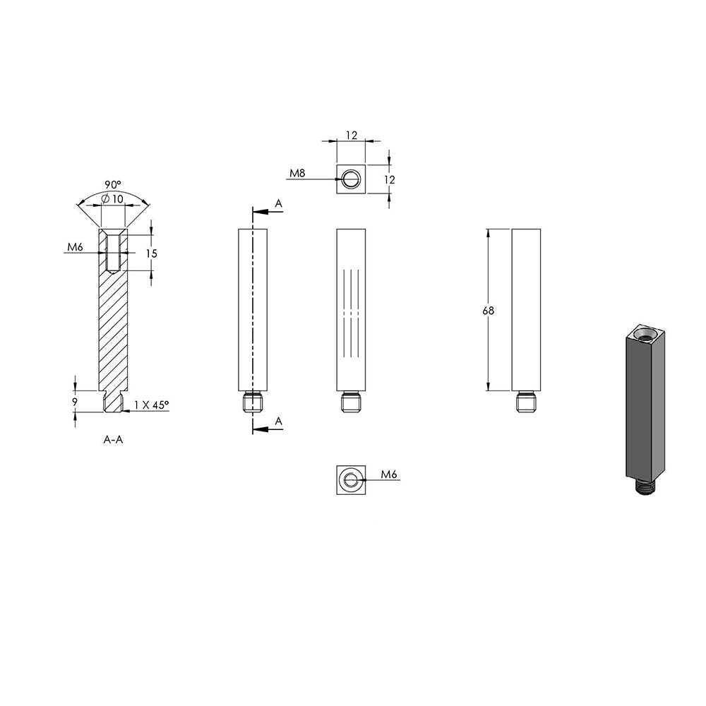 12 x 12mm Vierkant-Stift, mit M8 x 9mm Außengewinde unten und M6 x 15mm Innengewinde oben, Länge 68mm