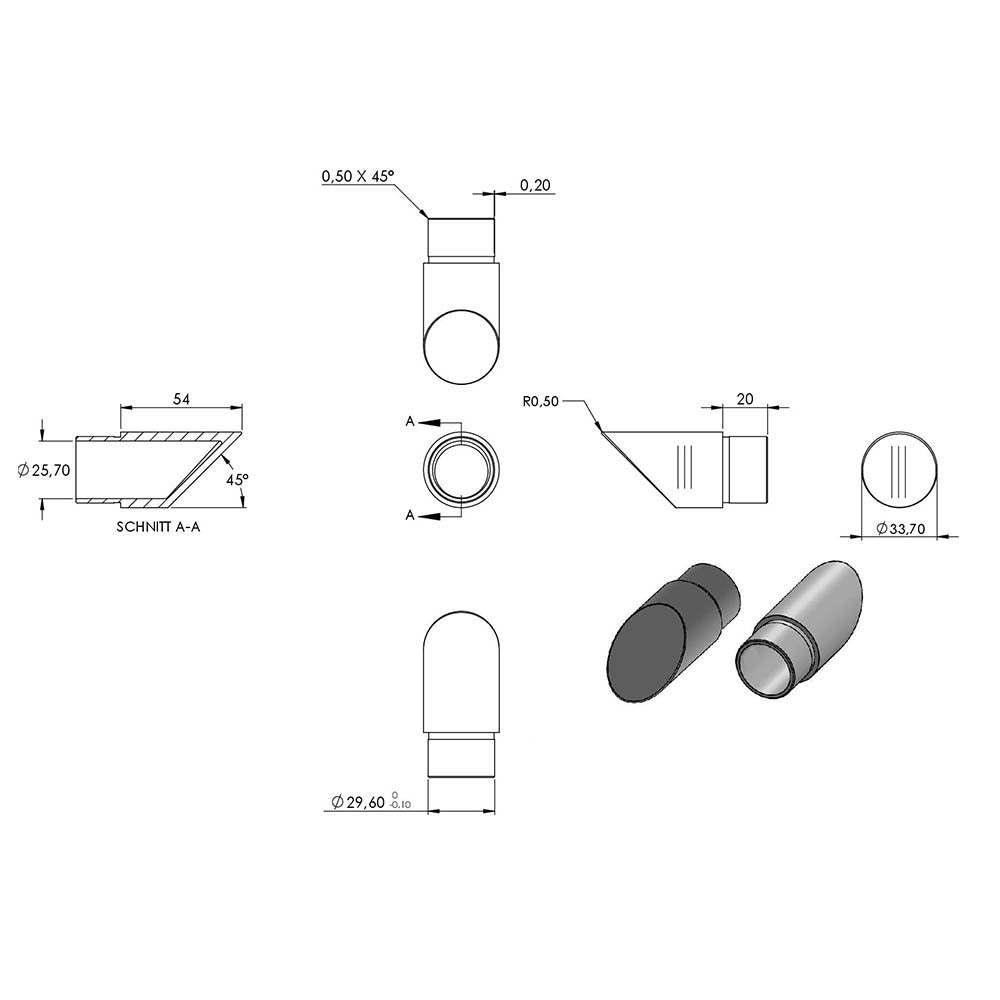 Endstück 45° abgeschrägt, zum Stecken und Kleben, für Rohr 33,7 x 2,0mm