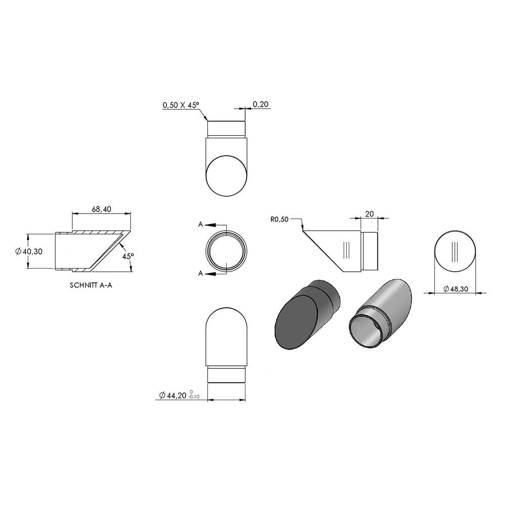 Endstück 45° abgeschrägt, zum Stecken und Kleben, für Rohr 48,3 x 2,0mm