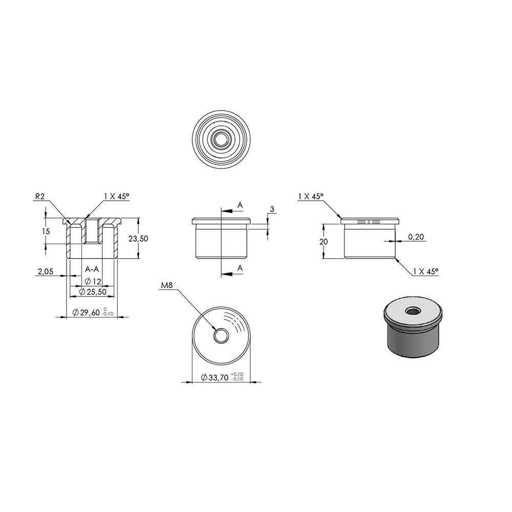 Endkappe flach mit M8 Innengewinde, hohl, für Rohr ø 33,7 x 2,0mm, zum Einkleben