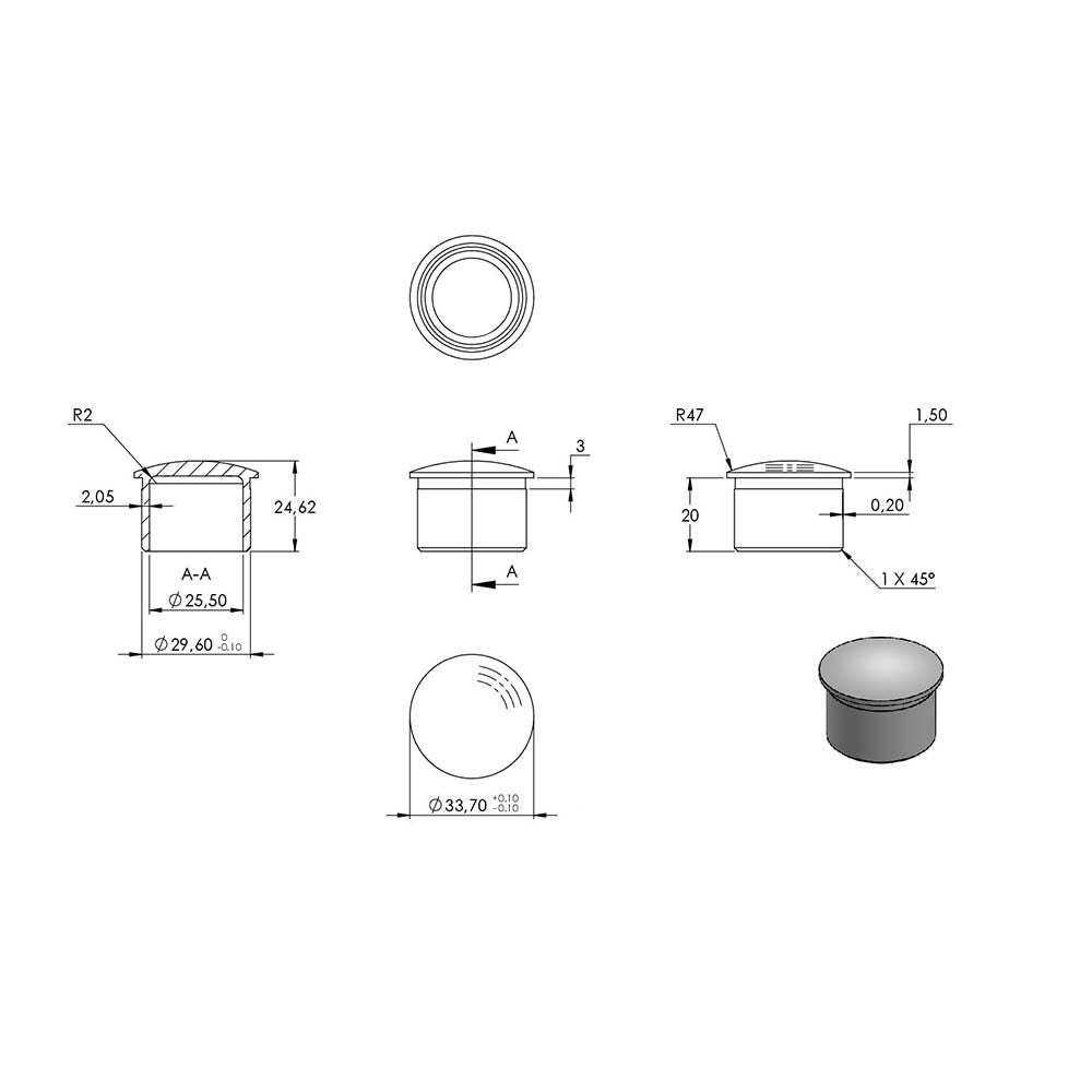 Endkappe leicht gewölbt, hohl, für Rohr ø 33,7 x 2,0mm, zum Einkleben