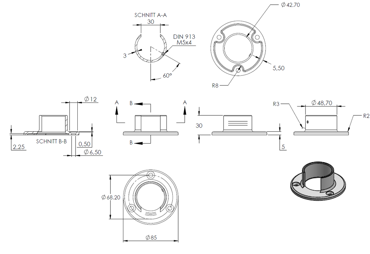 Wandhalter für Glasleistenrohr ø 42,4 x 1,5mm, V4A