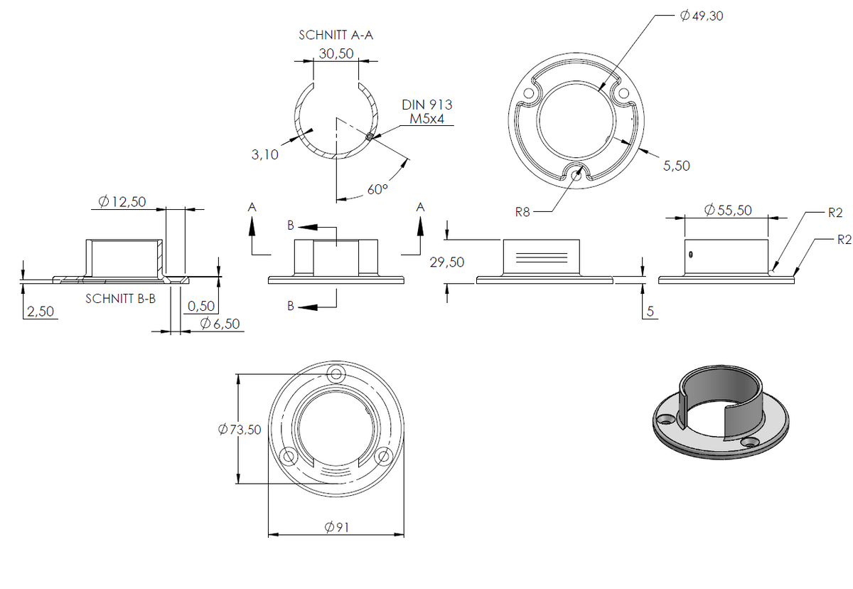 Wandhalter für Glasleistenrohr ø 48,3 x 1,5mm, V2A