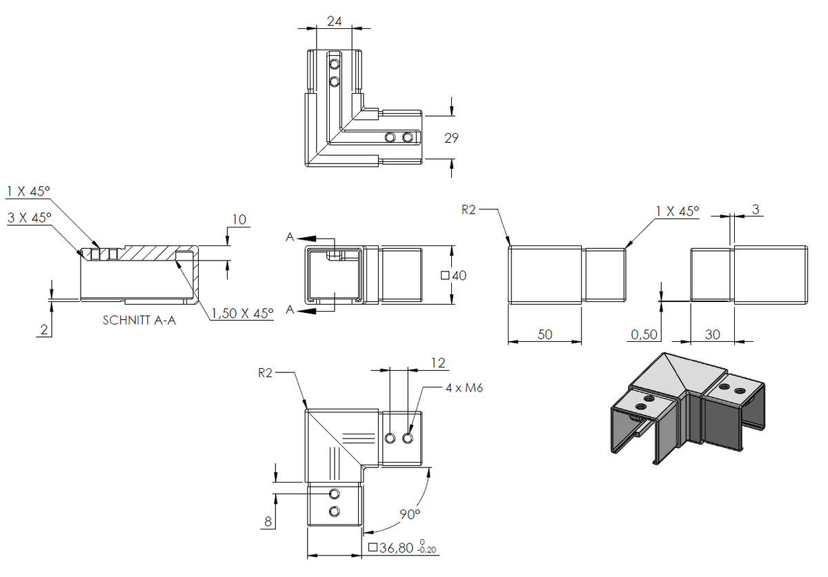 Verlaufsecke 90° für Glasleistenrohr 40 x 40 x 1,5mm, V2A