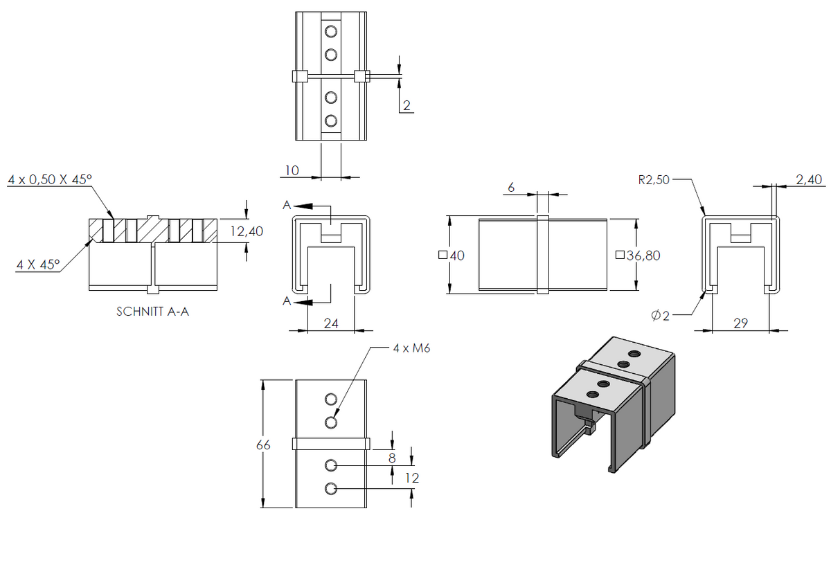 Rohrverbinder für Glasleistenrohr 40 x 40 x 1,5mm, V4A