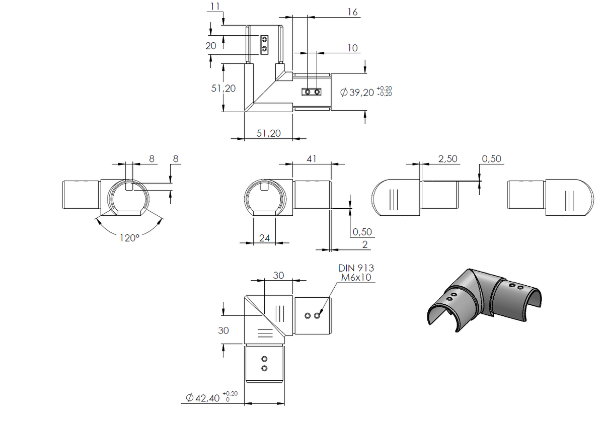 Verlaufsecke 90 Grad für Glasleistenrohr 42,4 x 1,5mm, V2A